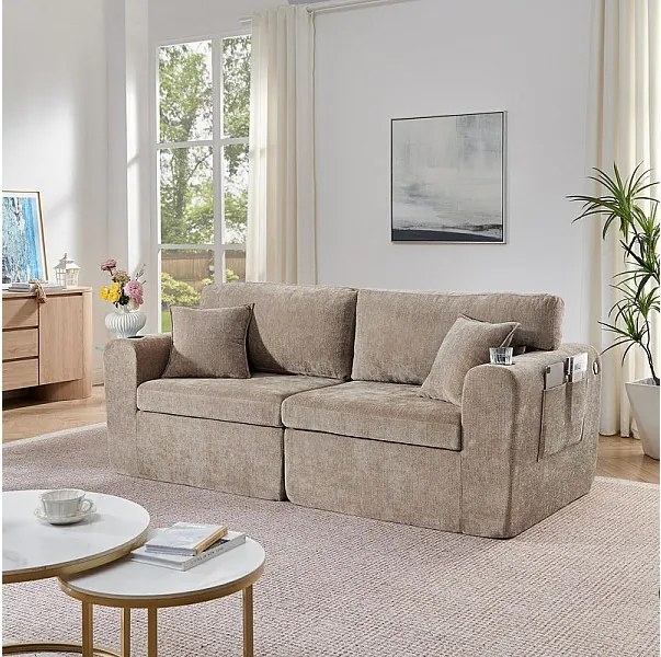Modułowa 2-osobowa kanapa z tkaniny Chenille, z uchwytem na kubek i USB, 220x100x89cm, Brązowy