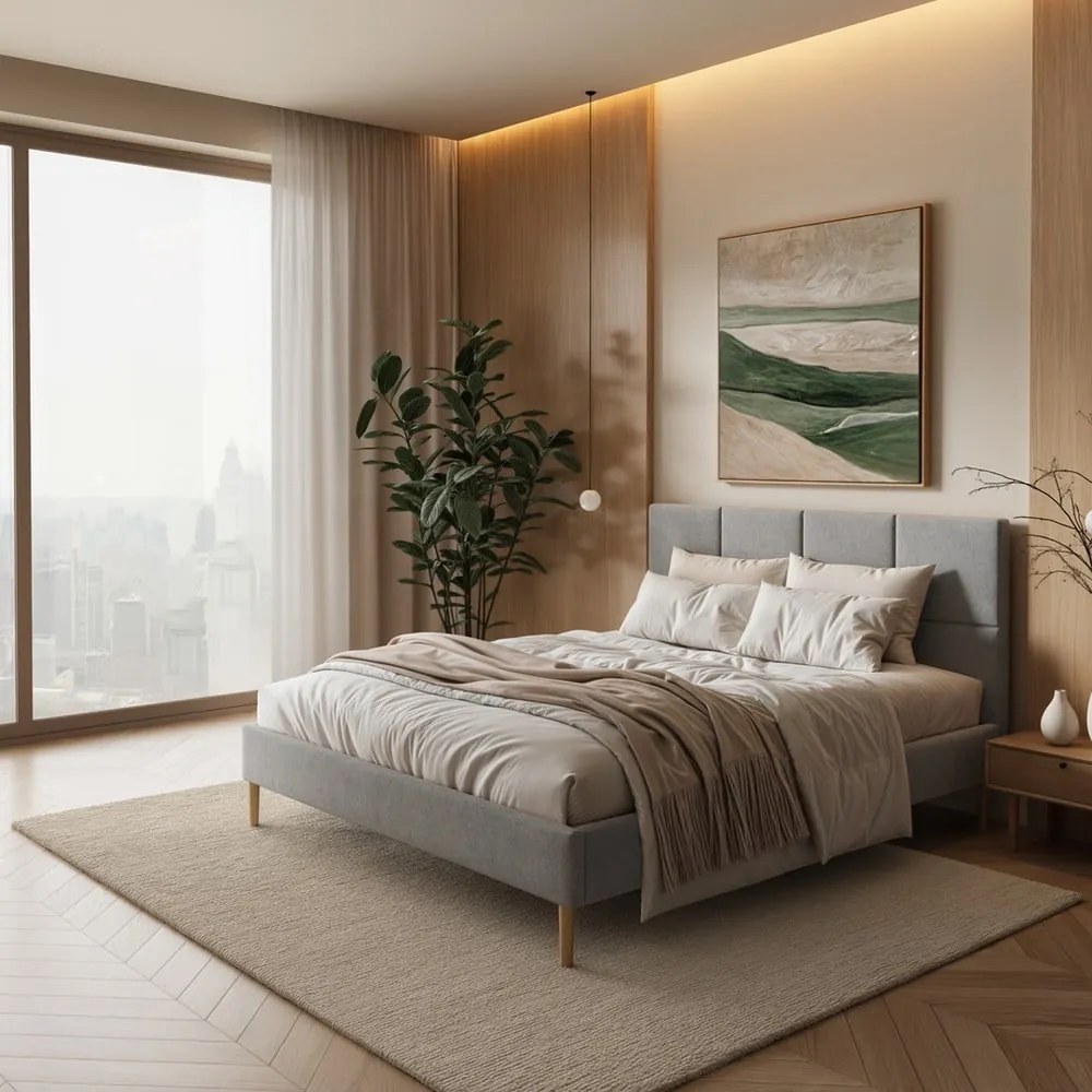Szare tapicerowane łóżko dwuosobowe ze stelażem 140x200 cm Alano – MESONICA