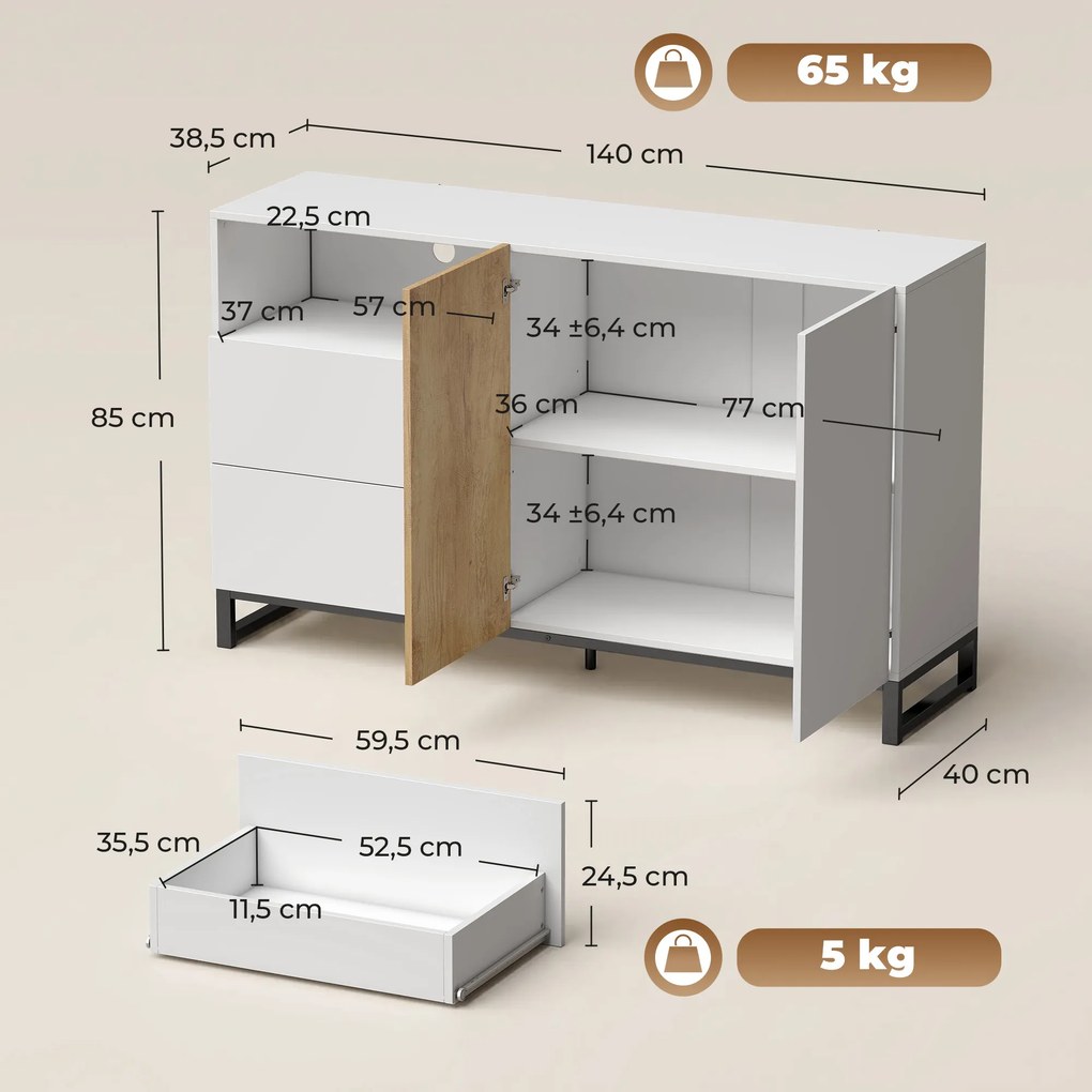 HOMCOM Komoda nowoczesna szafka do przechowywania z 2 drzwiami Soft-Close i 2 szufladami 140x40x85 cm, biały | Aosom PL