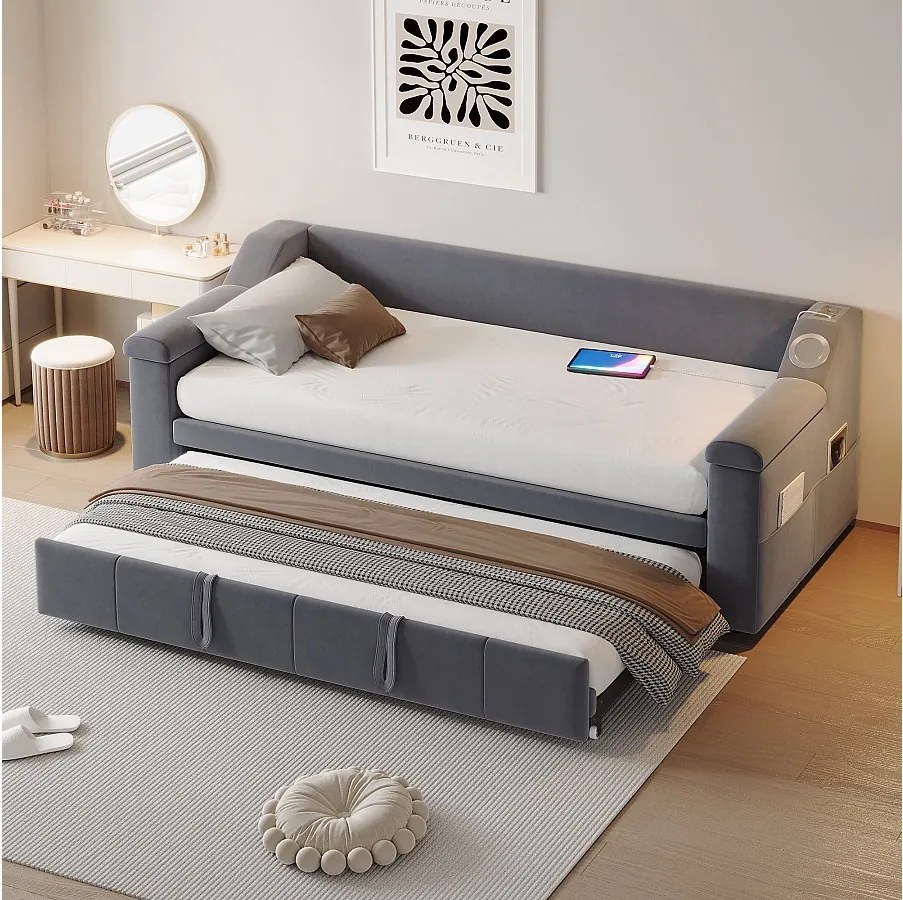 Leżanka 90/180x190 cm - Szary aksamit - Łóżko dla dorosłych z systemem audio Bluetooth i ładowaniem USB - Bez materaca