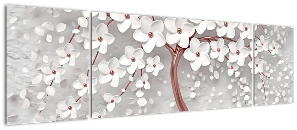 Obraz - Obraz białego drzewa z kwiatami, rosegold (170x50 cm)