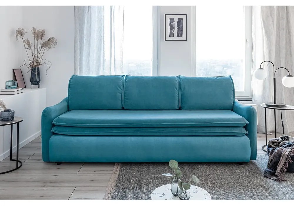 Turkusowa aksamitna rozkładana sofa Miuform Tender Eddie