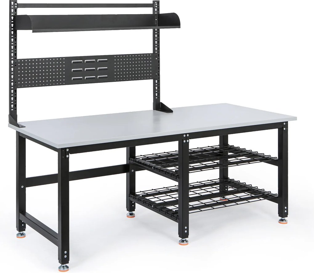 Stół pakowy PROFI z regulacją wysokości, 1800 × 900 × 790–940 mm z nadstawką i półkami