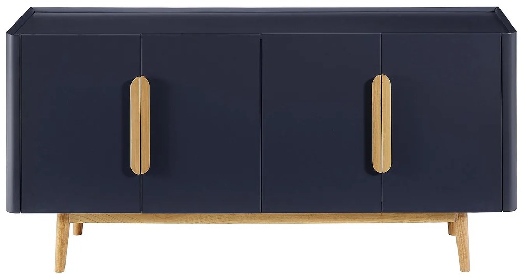 Komoda 4 drzwiowa z MDF i drewna kauczukowego - Niebieski i Naturalny jasny - DUNELON