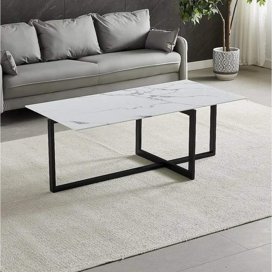Prostokątny stolik kawowy – Hartowane szkło z efektem białego marmuru – Czarny metal – CHIARA