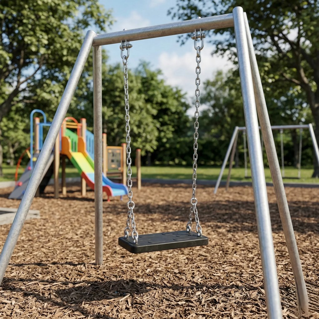 Zestaw Huśtawka Dla Dzieci Siedzisko Płaskie Gumowe Czarne + Łańcuch Ocynk 1,8m