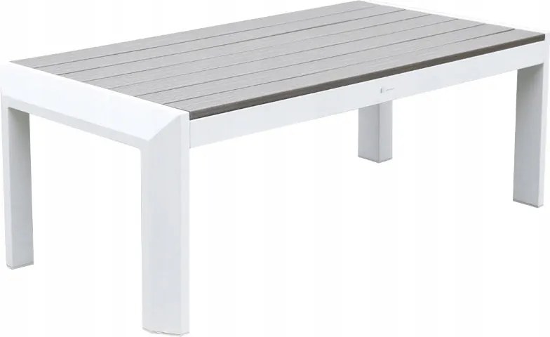 Zestaw mebli ogrodowych biały aluminium sofa fotele stolik drewniane detale