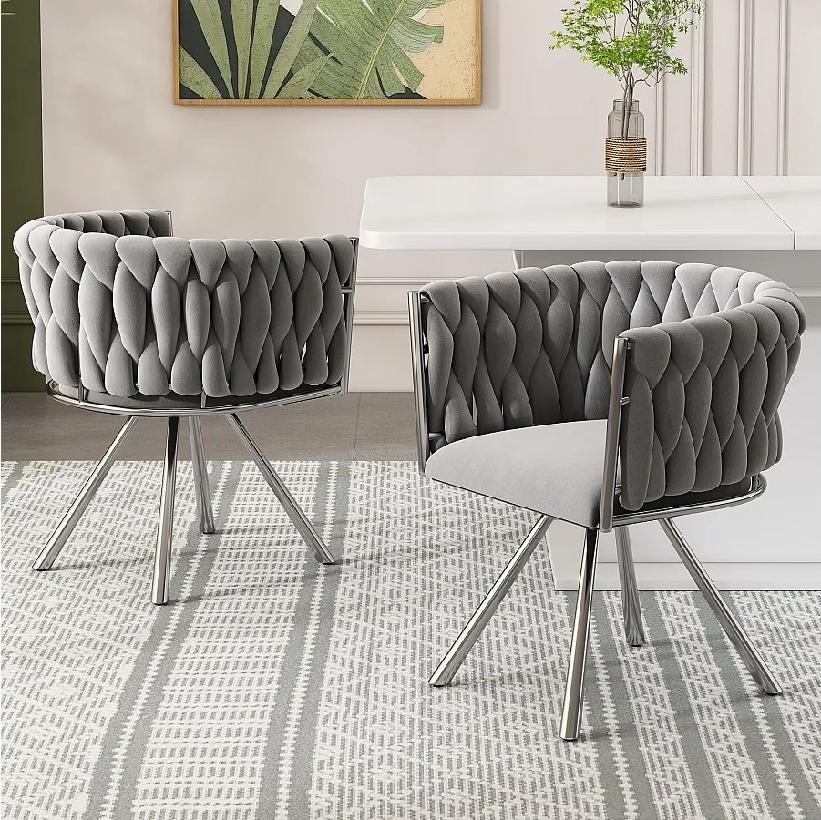 Zestaw 2 obrotowych krzeseł welurowych - 72 x 44 x 59 cm - Salon i sypialnia - Cztery srebrne metalowe nogi - Szary