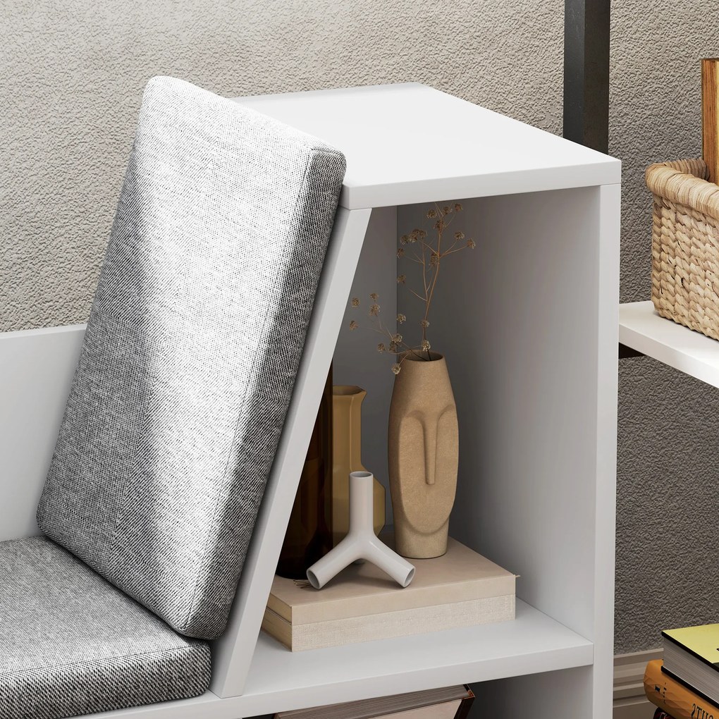 HOMCOM Regał na Książki z Miejscem do Siedzenia, 6 Półek, Tapicerowany, 105 x 30 x 63 cm, Biały