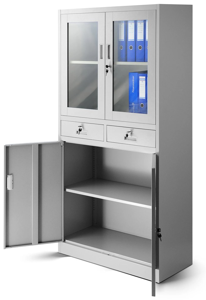 Biurowa przeszklona szafa metalowa na akta z szufladami EDMUND, 900 x 1850 x 400 mm, szara