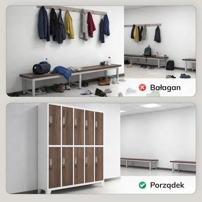 Szafa socjalna 10-skrytkowa Eco Design Bartek, 136x45x172 cm, biały/orzech