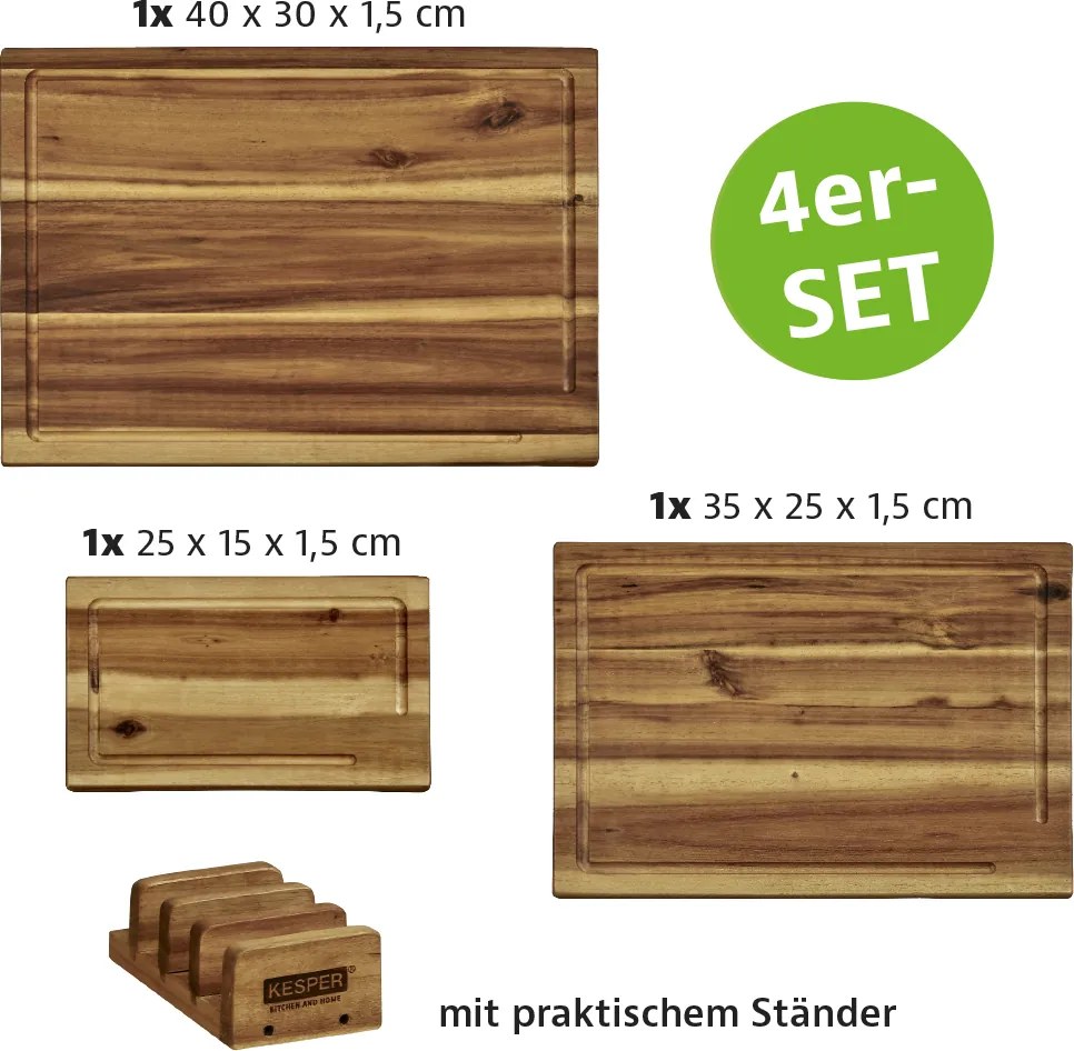 Zestaw 3 desek do krojenia ze stojakiem, drewno akacji