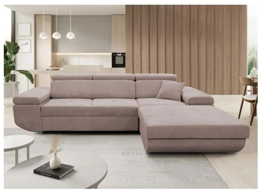 Narożnik rozkładany CASTELO w kształcie litery L, prawostronny, beżowy, z pojemnikiem na pościel