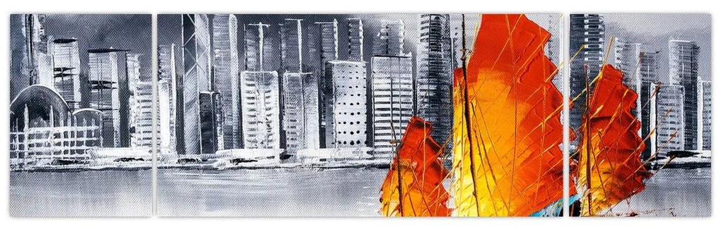 Obraz - Victoria Harbor, Hongkong, czarno-biały obraz olejny (170x50 cm)