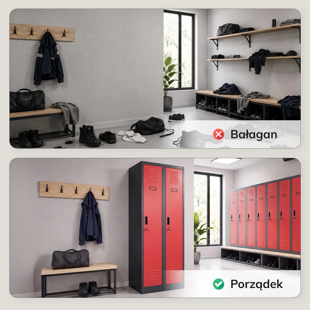 Szafka pracownicza dwukomorowa antracytowo-czerwona, 600x1800x500 mm: KACPER II