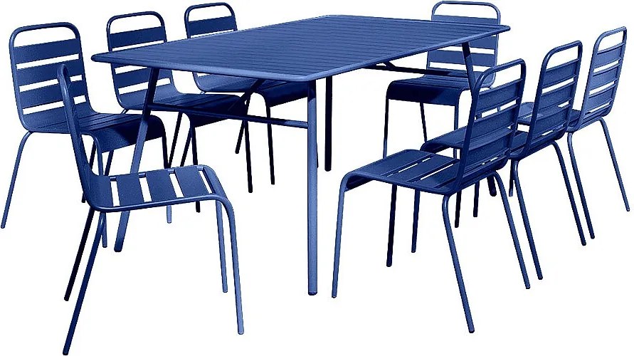 Zestaw mebli ogrodowych, metalowy  - stół dł. 200 cm i 8 krzeseł sztaplowanych - Granatowy - MIRMANDE od MYLIA