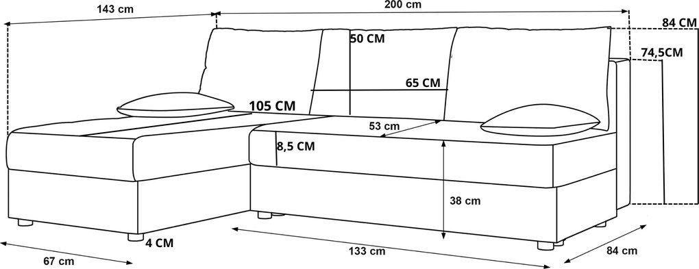 Rozkładana narożna sofa VENORIA SLIM 200x143 cm, jasnozielona, uniwersalna + 2 poduszki GRATIS