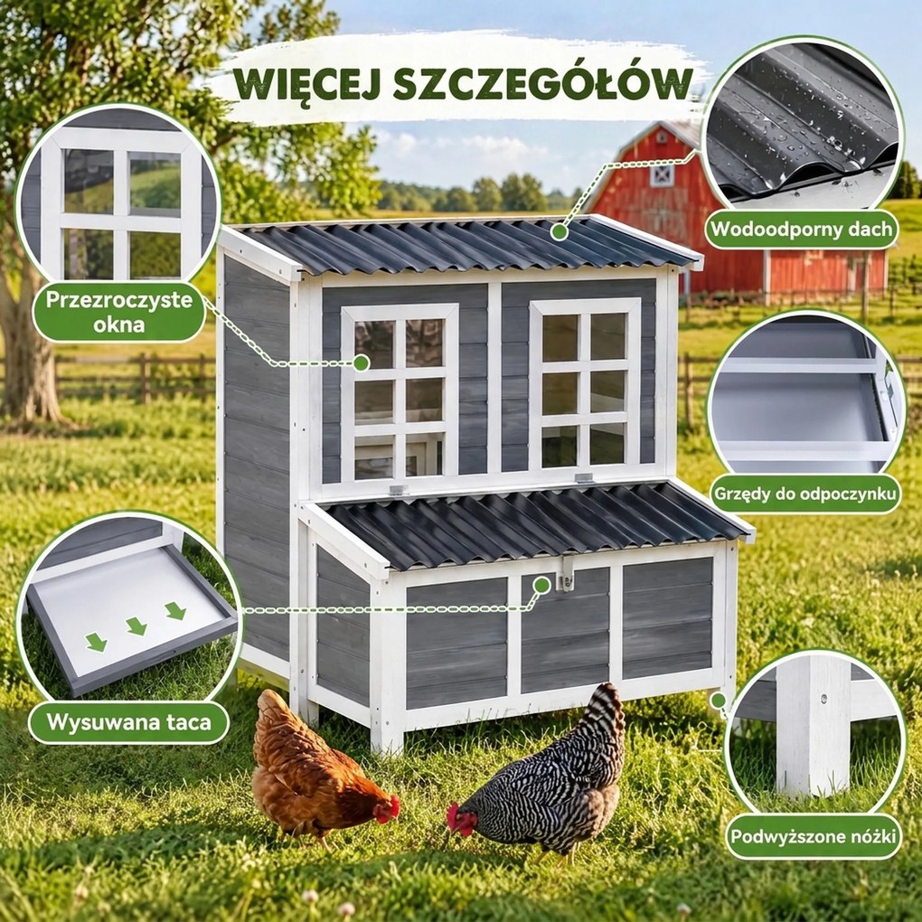PawHut Kurnik z gniazdem dla 4-6 kur, Dach odporny na warunki pogodowe, Drewno świerkowe, Plastik, 100 x 86 x 100 cm, Jasnoszary