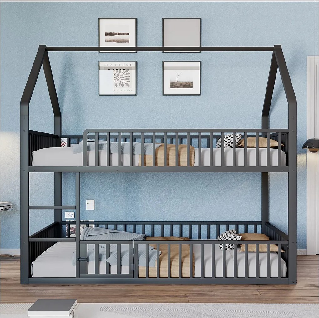Łóżko piętrowe dla dzieci 140x200 cm ze schodkami i barierkami bezpieczeństwa, czarne – bez materaca