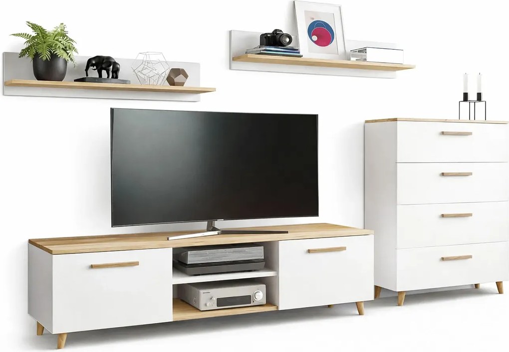 Komplet Mebli Biały Do Salonu + Dąb Biały Połysk G8-E10