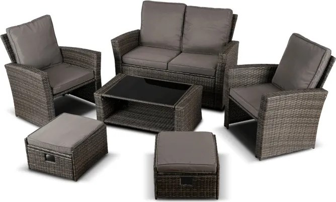 Zestaw Mebli Ogrodowych DELGADO Szary Sofa Fotele Pufy Stolik Technorattan Nowoczesny
