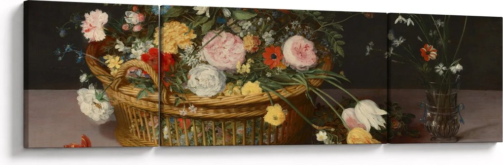 Obraz - Jan Brueghel the Elder, Flowers in a Basket and a Vase, reprodukcje (170x50 cm)