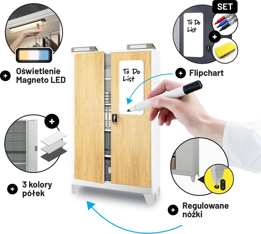 Szafa biurowa metalowa Biały/ Złoty dąb: Eco Design JAN II, 1150 x 1850 x 400 mm