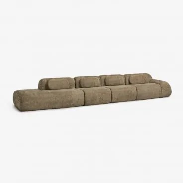 Sofa Modułowy Narożny 4-częściowy Z Lewym Szezlongiem Z Weluru Merida, Pakowany Próżniowo Szenila Gruba Szałwiowa Zieleń - Sklum