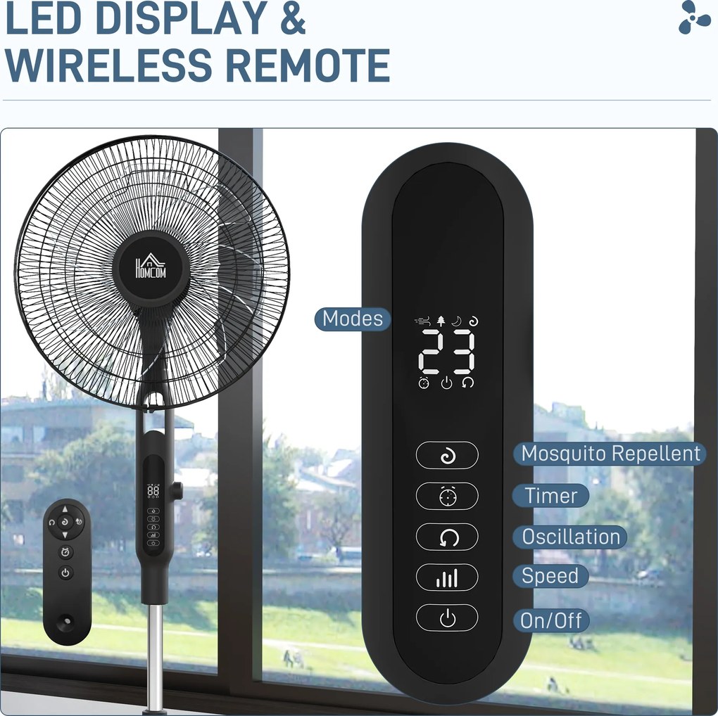 HOMCOM Wentylator stojący cichy z pilotem, 3 tryby pracy, 28 prędkości, funkcja przeciw komarom i oscylacja, czarny | Aosom PL