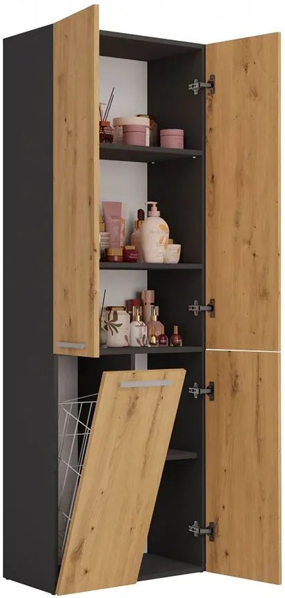 Regał do łazienki z koszem antracyt + dąb artisan S6-T33