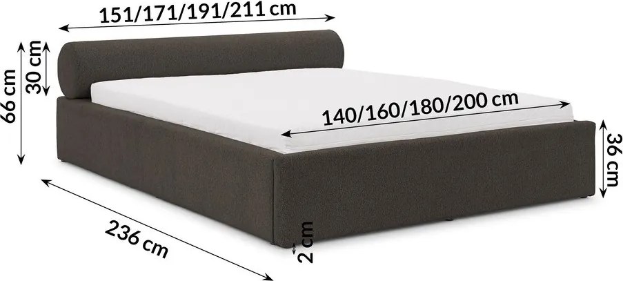 Ciemnoszare tapicerowane łóżko dwuosobowe ze schowkiem i stelażem 140x200 cm Cille – Ropez