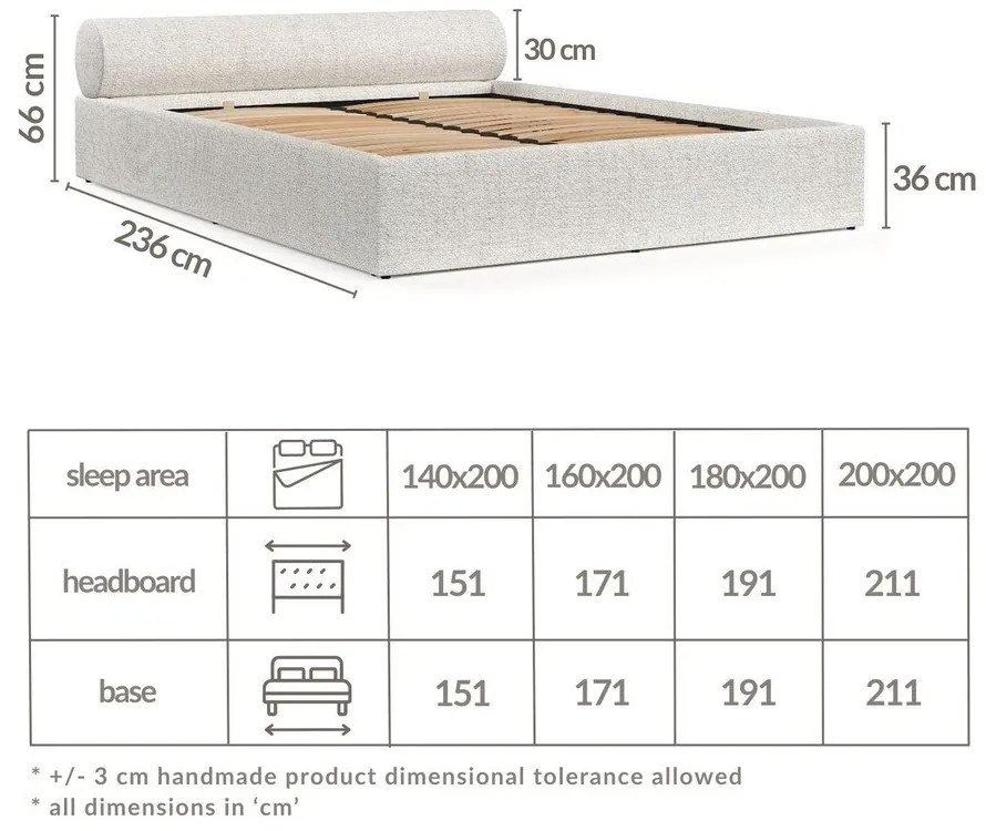 Kremowe tapicerowane łóżko dwuosobowe ze schowkiem ze stelażem 140x200 cm Solvo – Maison de Rêve