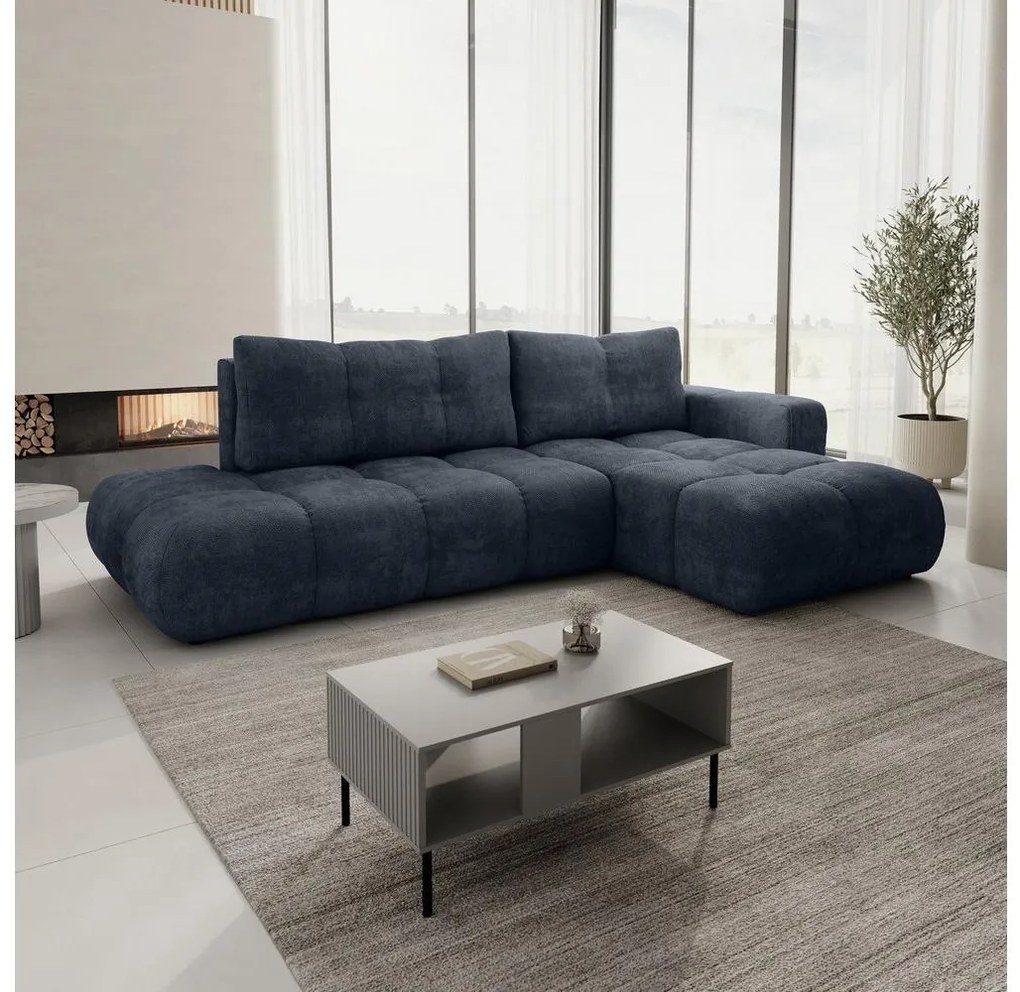 Rozkładany narożnik tapicerowany z pojemnikiem w kształcie L ALMADA prawostronny niebieski