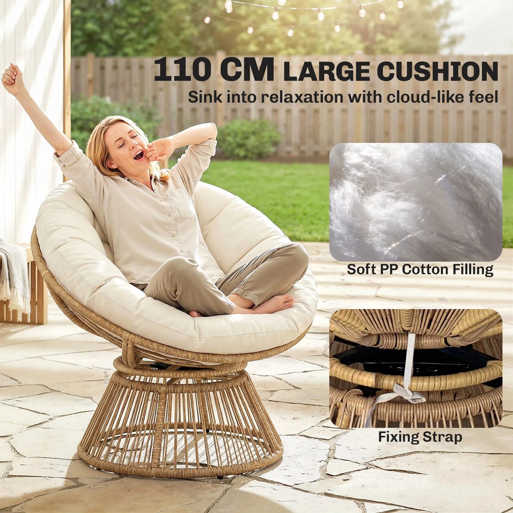 Outsunny Fotel Papasan 360° obrotowy z poduszką stalowa rama okrągły fotel z rattanu fotel wypoczynkowy kremowy | Aosom PL