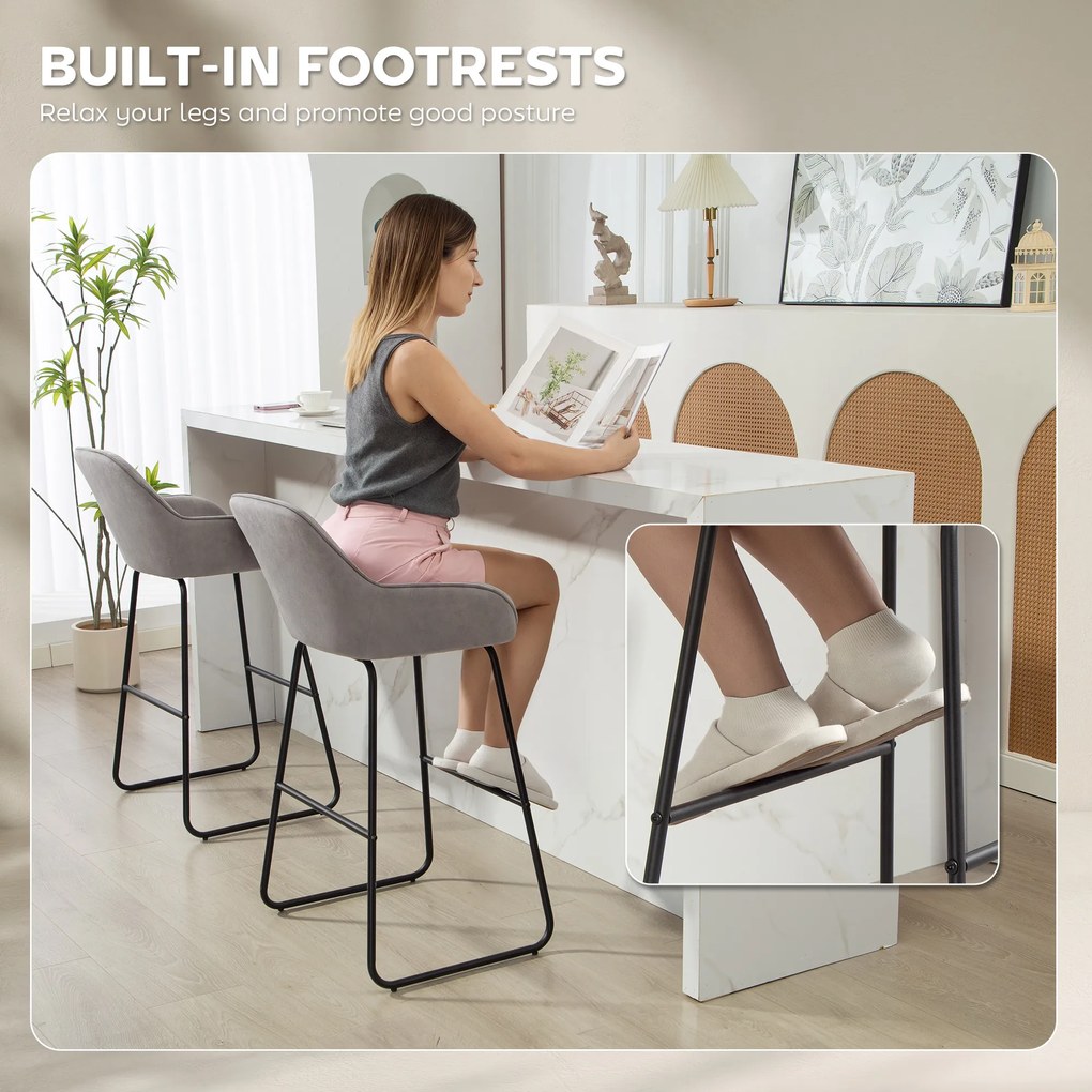 HOMCOM Zestaw 2 Barowych Stołków z Materiałowym Pokryciem i Piankowym Wypełnieniem, Krzesła Barowe z Metalowymi Nogami, Szare