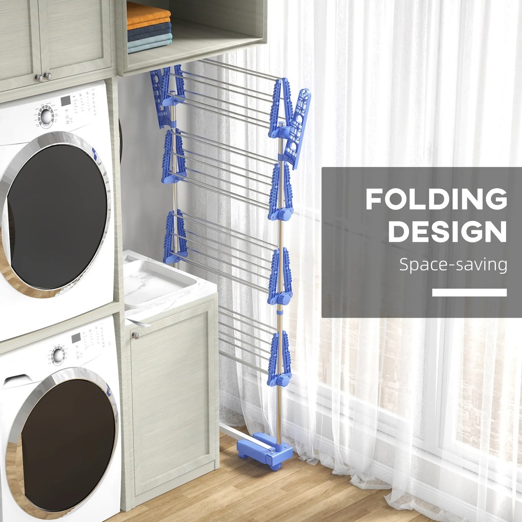 HOMCOM Wieszak na ubrania Suszarka do ubrań 5 poziomów, składany, system One-Klick, 142 cm x 55 cm x 172 cm, Niebieski + Srebrny