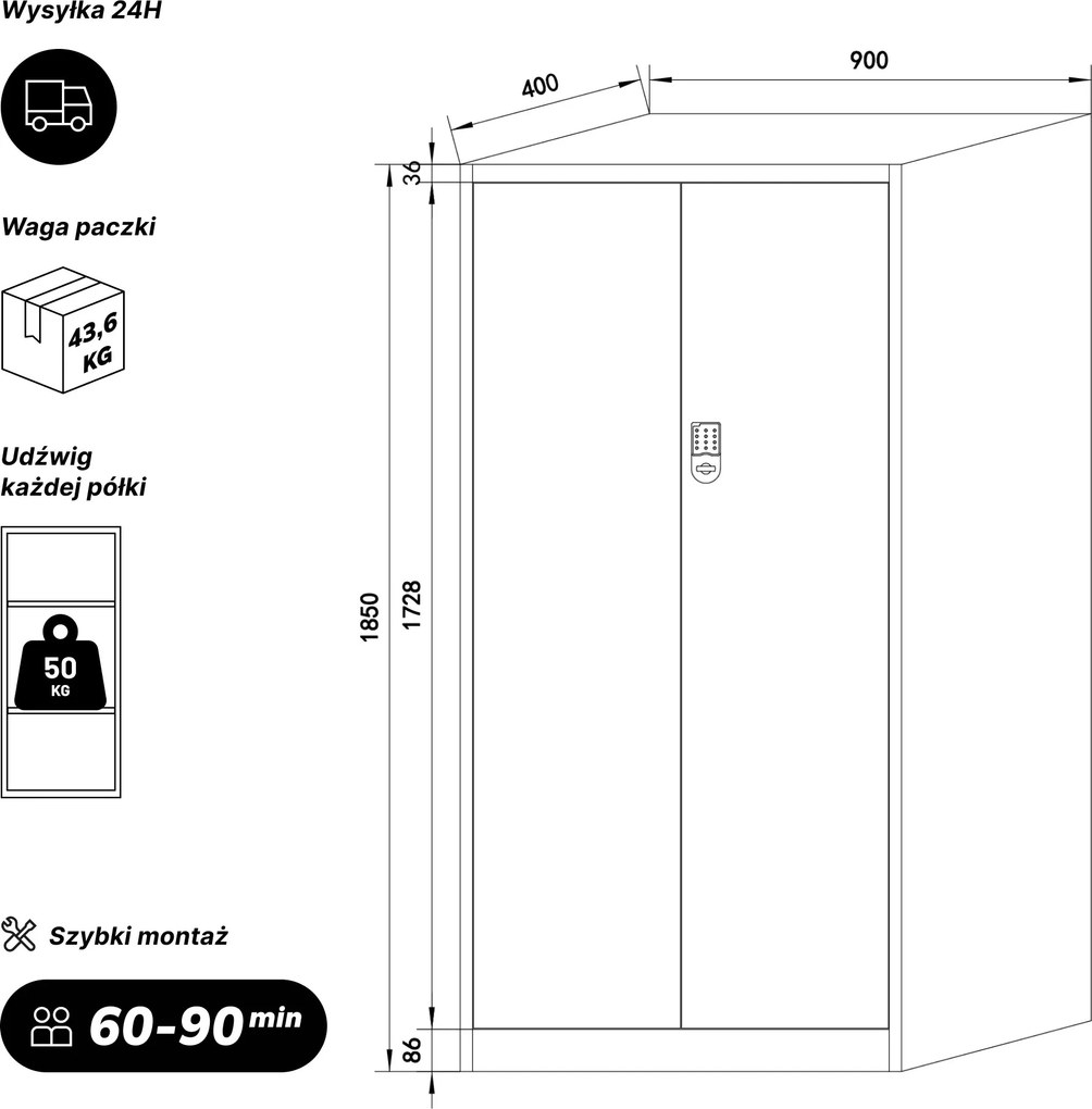 Szafa biurowa metalowa z zamkiem na szyfr szara/dąb sonoma, 900x1850x400 mm: DANIEL Eco Design