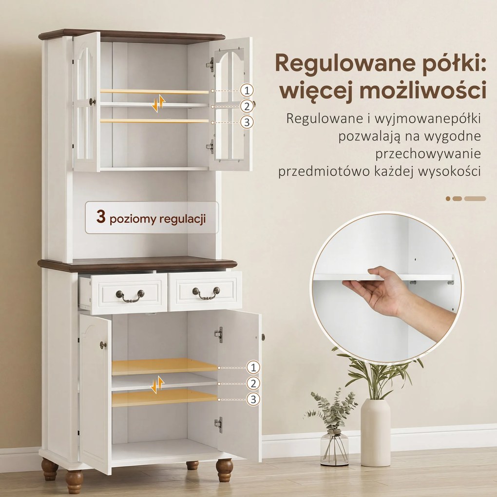 HOMCOM Szafka kuchenna z 2 szufladami, wysoki szafką z otwartą półką, szafka z witryną i funkcją Soft-Close do salonu, kuchni, 76 x 38 x 182 cm, biały