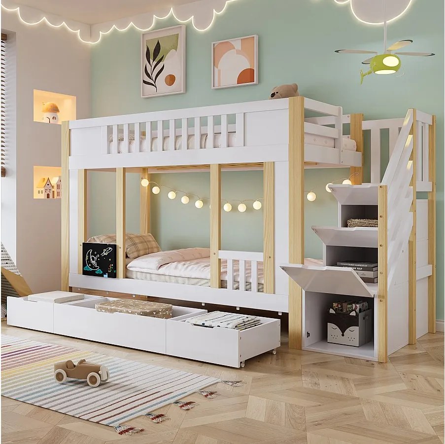 Łóżko piętrowe dla dzieci - 2 x 90 x 200 cm - ze schodkami do przechowywania + 3 szuflady - sosna + MDF + sklejka - białe + naturalne