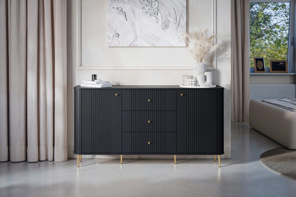 Komoda Vesper 160 cm z szufladami na nóżkach - czarny / złote nogi