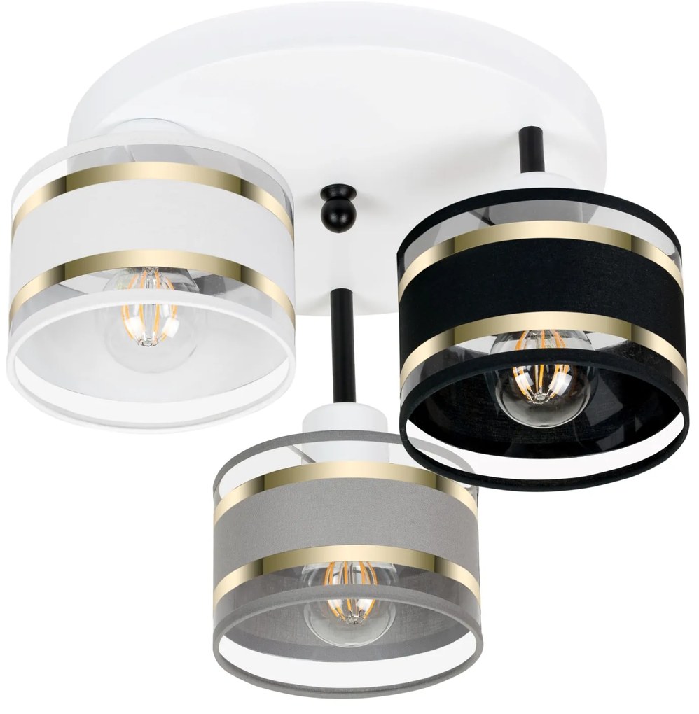 Lampa sufitowa biała trzypunktowa z szaro-czarno-białymi abażurami T-3