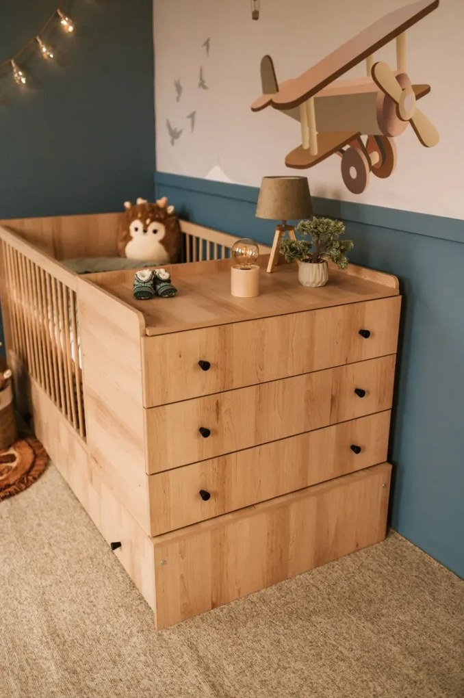 Łóżeczko dziecięce KOMPAKT 3W1 120x80 bukowe z komodą LITTLE SKY