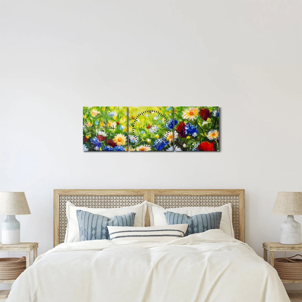 Obraz dzikich kwiatów (z zegarem) (90x30 cm)