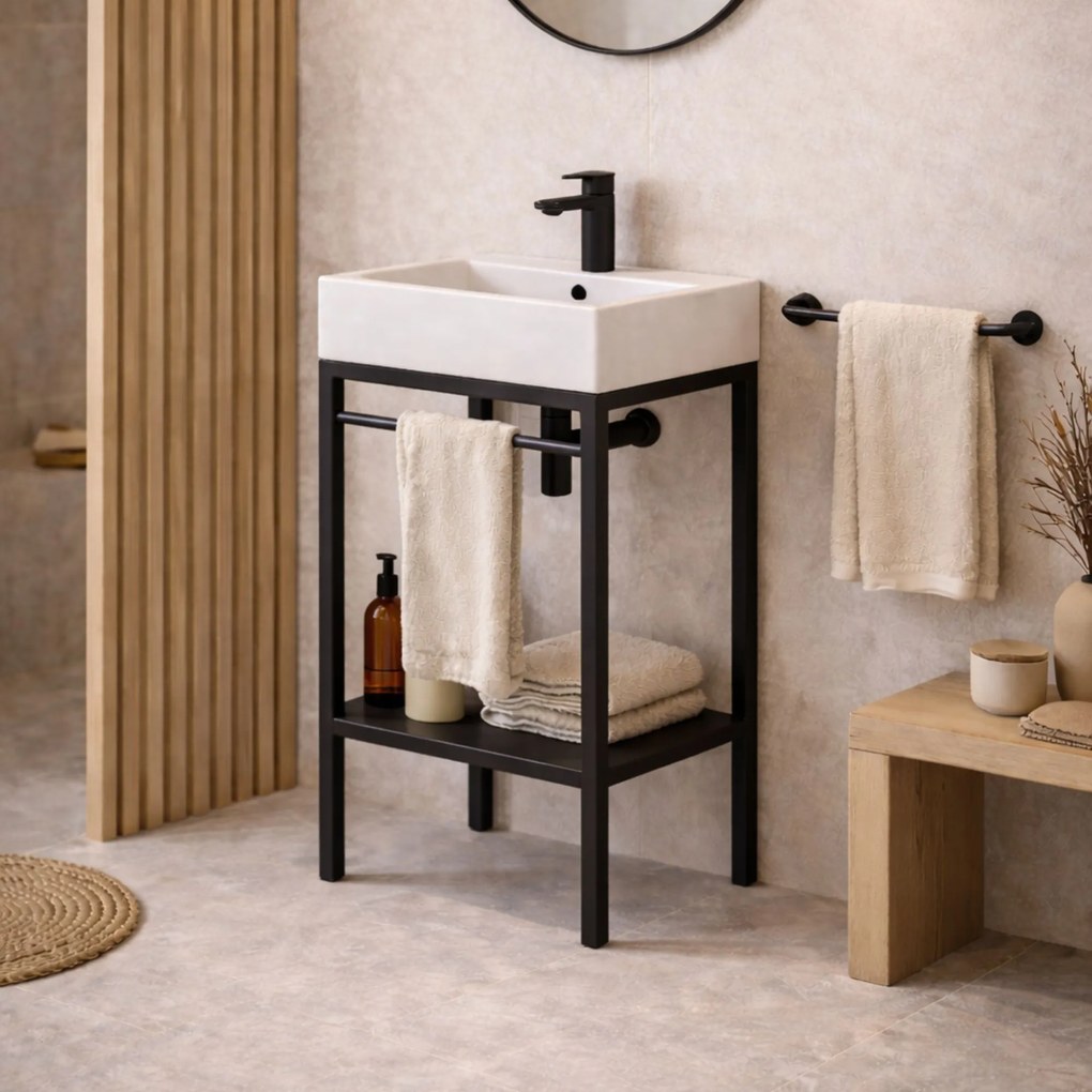 Zestaw umywalka z konglomeratu NAVI 60 x 45 cm + stojąca konsola NAVI Step | Różne kolory | Różne rozmiary : Kolor - Czarny, Otwór na baterię - Jeden otwór, Rozmiar - 50 x 45 cm