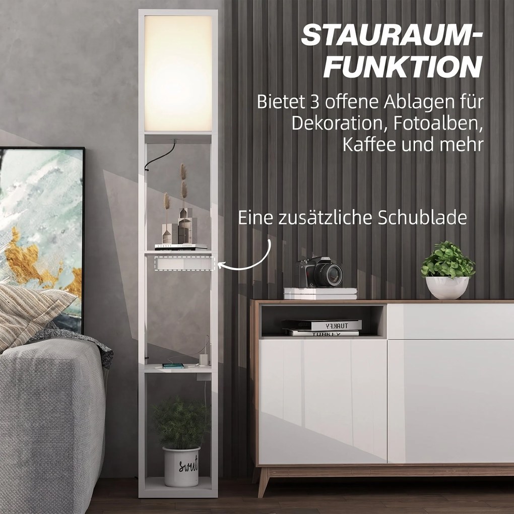 HOMCOM Lampa stojąca z 3-poziomowym regałem, przełącznik nożny, porty USB, MDF, Biała | Aosom PL