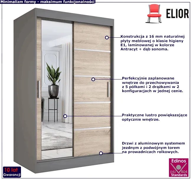 Szafa przesuwna 120 cm antracyt + dąb sonoma - Ebia 3X