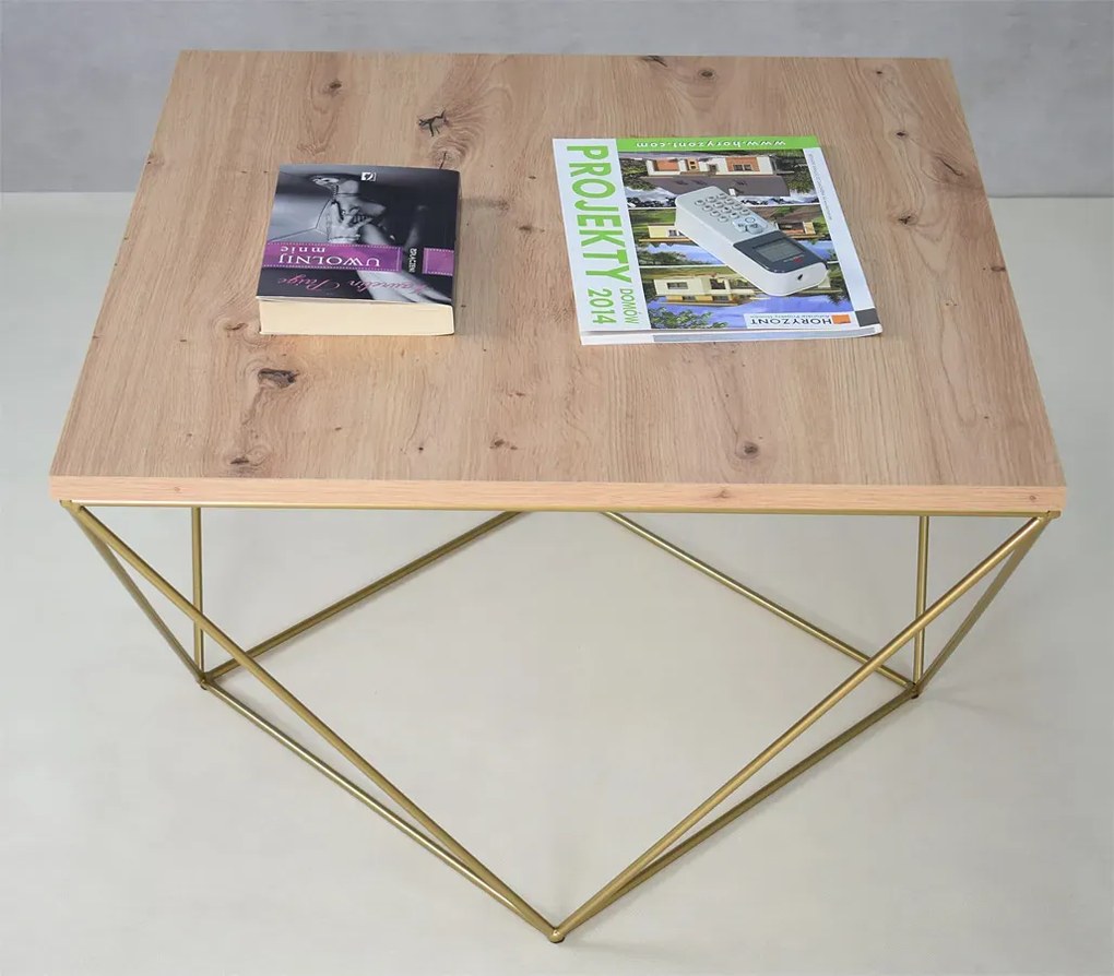 Minimalistyczny stolik kawowy dąb artisan + złoty P8-D52
