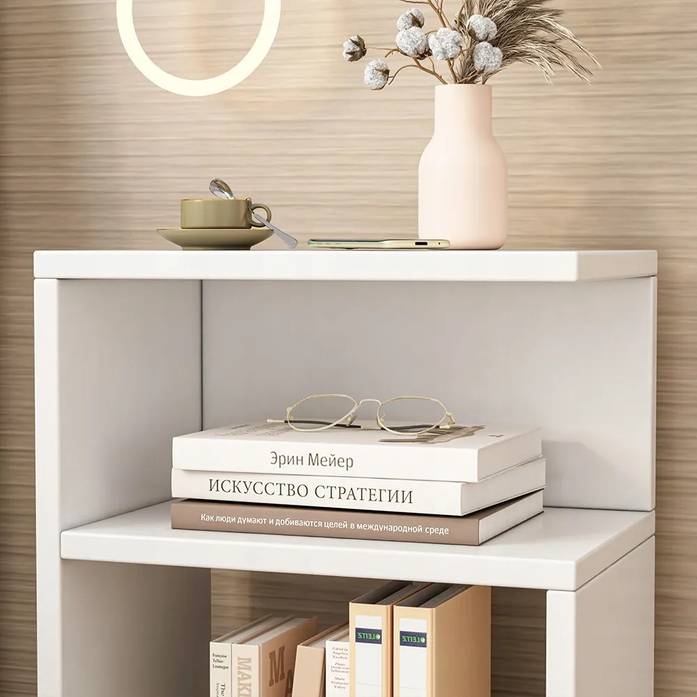 Nowoczesna szafka nocna w kolorze białym – 30 x 20 x 50 cm, z szufladą i otwartą półką, montaż po prawej/lewej stronie