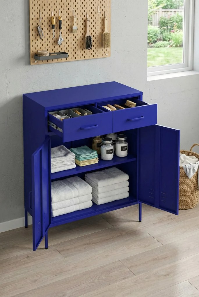 Granatowa metalowa szafka gospodarcza z 2 szufladami G6-C29