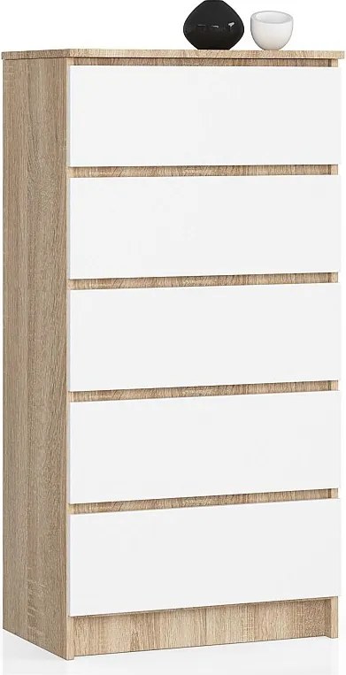 Komoda AKORD K60 Dąb Sonoma 60 cm 5 szuflad kolor Biały mat 60x40x121 cm